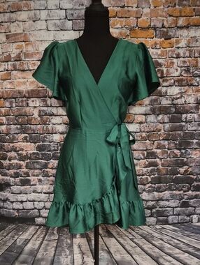Trixxi Deep Green Wrap Mini Dress with Ruffle Hem